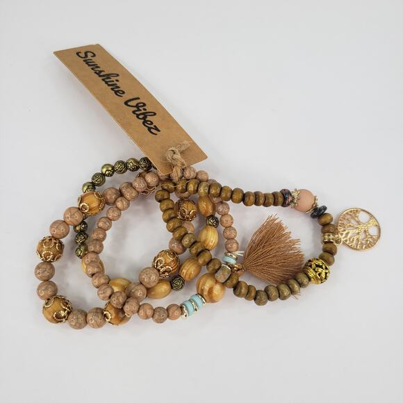 4 pc Stretch BOHO Brown Beaded Bracelet Earthtones Bohemian Sunshine Vibez - Picture 5 of 8